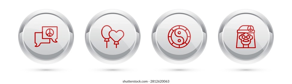 Set line Speech bubble chat, Balloons, Yin Yang symbol and Hippie girl. Silver circle button. Vector
