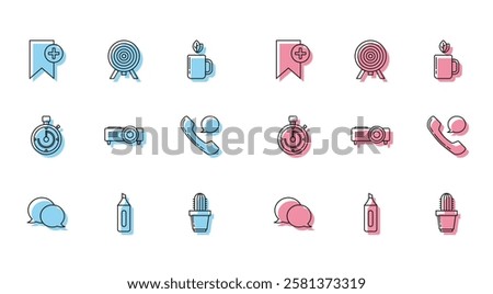 Set line Speech bubble chat, Marker pen, Bookmark, Cactus and succulent in pot, Presentation, movie, film, media projector, Telephone handset speech, Briefcase and Target icon. Vector