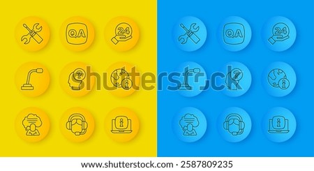 Set line Speech bubble chat, Microphone, Head with question mark, Laptop information, Information, Screwdriver and wrench spanner, Telephone 24 hours support and Question Answer icon. Vector