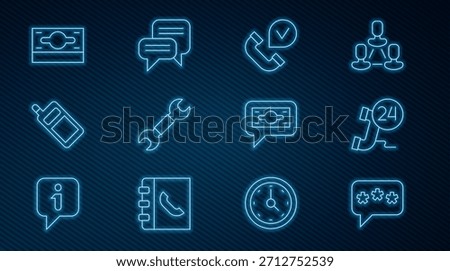 Set line Speech bubble chat, Telephone 24 hours support, handset, Wrench spanner, Mobile, Stacks paper money cash,  and  icon. Vector