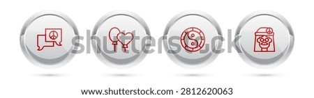 Set line Speech bubble chat, Balloons, Yin Yang symbol and Hippie girl. Silver circle button. Vector