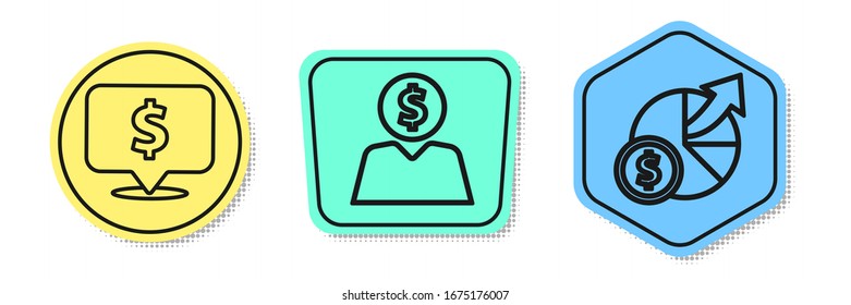 Set line Speech bubble with dollar, Business man planning mind and Money and diagram graph. Colored shapes. Vector