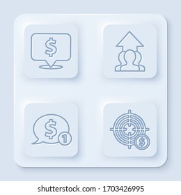 Set line Speech bubble with dollar, Growth chart and progress in people crowd, Speech bubble with dollar and Target with dollar symbol. White square button. Vector