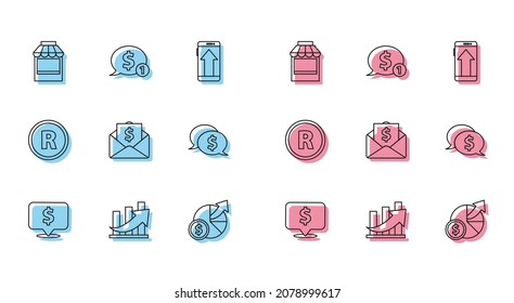 Set line Speech bubble with dollar, Financial growth and coin, Shopping building or market store, Money diagram graph, Envelope, Registered Trademark and  icon. Vector