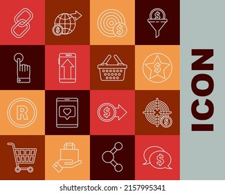 Set line Speech bubble with dollar, Target symbol, Star and, Smartphone, mobile phone, Hand touch tap gesture, Chain link and Shopping basket icon. Vector