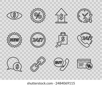 Burbuja de voz con dólar, porcentaje de tarjeta de descuento, crecimiento financiero y moneda, Enlace de cadena, ojo, reloj de 24 horas, discurso de teléfono Comprar e ícono de Asistencia telefónica. Vector