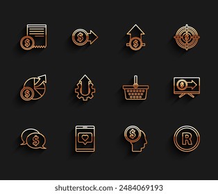 Set line Speech bubble with dollar, Paper check financial check, Business man planning mind, Registered Trademark, Arrow growth gear business, Monitor and Shopping basket icon. Vector