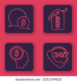 Set line Speech bubble with dollar, Business man planning mind, Price tag with New and Telephone 24 hours support. Blue square button. Vector