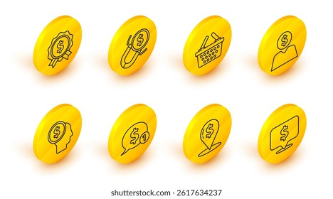 Set line Speech bubble with dollar, Cash location pin, Business man planning mind, Shopping basket, Magnet money and Price tag icon. Vector