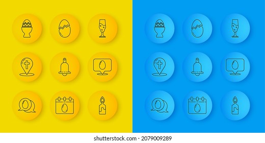 Set line Speech bubble with easter egg, Map pointer christian cross, Ringing bell, Burning candle, Easter on stand, Wine glass and Broken icon. Vector