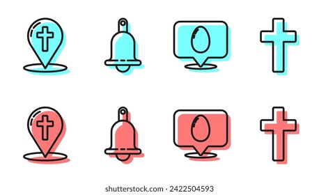 Set line Speech bubble with easter egg, Map pointer with christian cross, Ringing bell and Christian cross icon. Vector