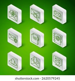 Definir linha Bolha de fala com envelope, envelope, email e e-mail, caneta do documento, escudo, lupa, Caixa de entrada de upload e ícone do Catálogo de endereços. Vetor