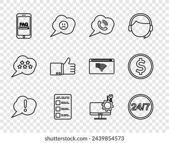 Set line Speech bubble Exclamation, Clock 24 hours, with phone call, Create account screen mobile, Mobile FAQ information, Hand thumb up, Computer monitor service and Coin money dollar icon. Vector