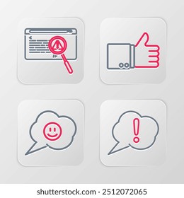 Exclamación de la burbuja del discurso, con la cara de la sonrisa, el pulgar de la mano para arriba y el icono del concepto del bug del sistema. Vector