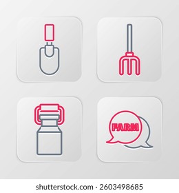 Set line Speech bubble with Farm, Can container for milk, Garden pitchfork and trowel spade shovel icon. Vector