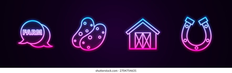 Fije la línea Burbuja del discurso con la granja, la patata, la casa y la herradura. Icono de neón brillante. Vector
