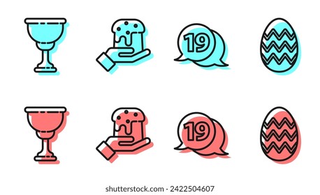 Set line Speech bubble with happy easter, Christian chalice, Human hand and easter cake and Easter egg icon. Vector