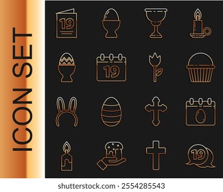Set line Speech bubble with happy easter, Calendar Easter egg, cake, Christian chalice, Happy, on stand, Greeting card and Flower tulip icon. Vector
