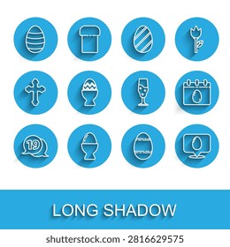 Set line Speech bubble with happy easter, Easter egg on stand, Calendar and Wine glass icon. Vector