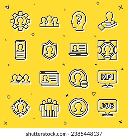 Set line Speech bubble with job, Key performance indicator, Head hunting, question mark, User protection, Mobile resume, Human gear and Laptop icon. Vector