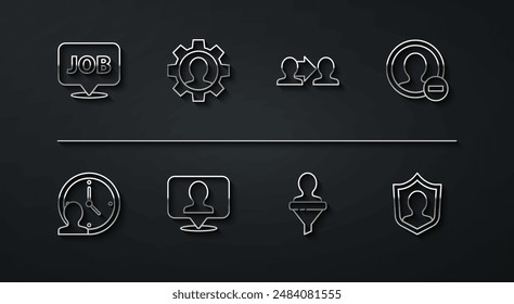 Set line Speech bubble with job, Time Management, Create account screen, Head hunting, Location person, Human gear, User protection and Project team base icon. Vector