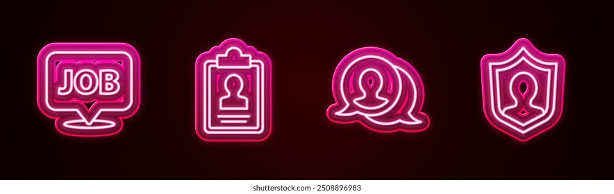 Set line Speech bubble with job, Clipboard resume, chat and User protection. Glowing neon icon. Vector