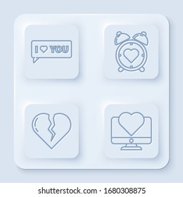 Set line Speech bubble with I love you, Heart in the center alarm clock, Broken heart or divorce and Computer monitor with heart. White square button. Vector