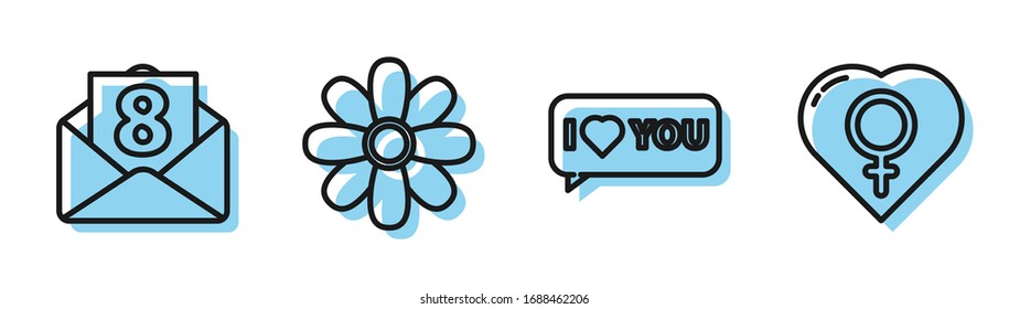 Colocar la burbuja del discurso con yo te amo, sobre con 8 de marzo, Flor y género femenino en icono cardíaco. Vector