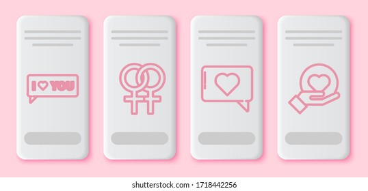Set line Speech bubble with I love you, Female gender symbol, Like and heart and Heart on hand. White rectangle button. Vector