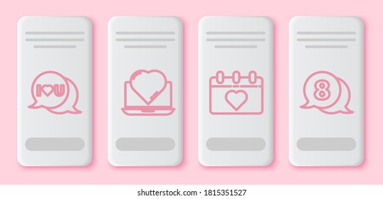 Set line Speech bubble with I love you, Online dating app and chat, Calendar with 8 March and 8 March in speech bubble. White rectangle button. Vector