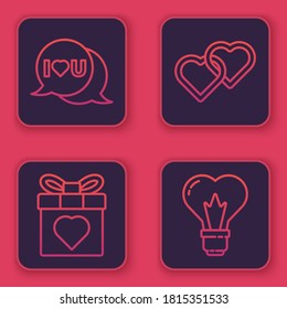 Set line Speech bubble with I love you, Gift box and heart, Two Linked Hearts and Heart shape in a light bulb. Blue square button. Vector
