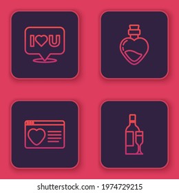 Set line Speech bubble with I love you, Dating app online, Bottle potion and Champagne bottle. Blue square button. Vector