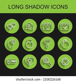 Set line Speech bubble with I love you, Female gender in heart, Two Linked Hearts, Search 8 March, the center of target aim, Wedding rings, Perfume and symbol icon. Vector