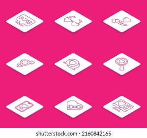 Set Line Speech Bubble With I Love You, Heart Shaped Glasses, In Hand, Gender, Speech, Search Heart, Online Dating App Chat And Candy Box Icon. Vector