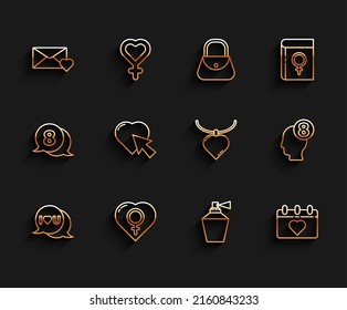 Colocar la burbuja del discurso con yo te amo, género femenino en el corazón, sobre 8 de marzo, Perfume, calendario, clic del corazón y el cursor, cabeza humana y icono del collares en forma de collares. Vector