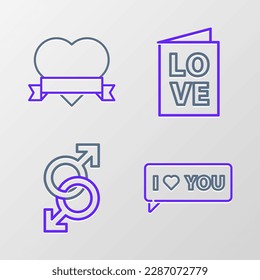 Set line Speech bubble with I love you, Male gender symbol, Valentines day party flyer and Heart and ribbon icon. Vector