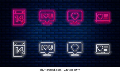 Set line Speech bubble with I love you, Like and heart, Calendar February 14 and Dating app online. Glowing neon icon on brick wall. Vector