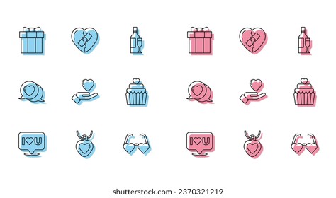 Set line Speech bubble with I love you, Necklace heart shaped, Gift box, Heart glasses, in hand, Wedding cake, speech and Healed broken icon. Vector