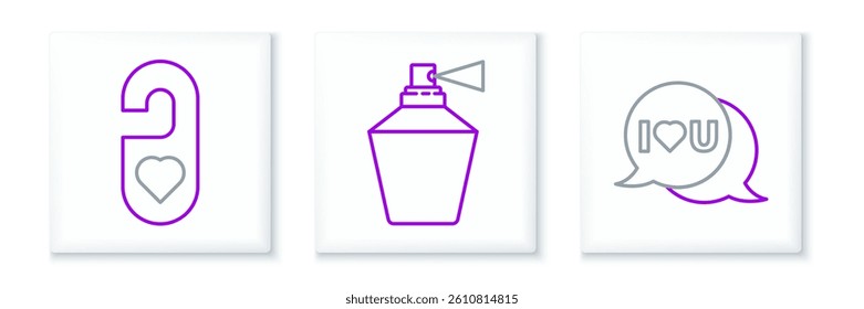 Set line Speech bubble with I love you, Please do not disturb heart and Perfume icon. Vector