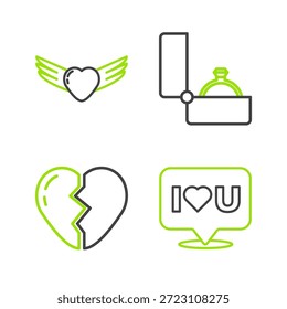Burbuja de discurso con te amo, corazón roto, anillo de compromiso de diamantes y icono de alas de corazón. Vector