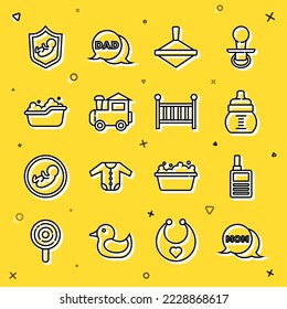 Set line Speech bubble mom, Baby Monitor Walkie Talkie, bottle, Whirligig toy, Toy train, bathtub, shield and crib cradle icon. Vector