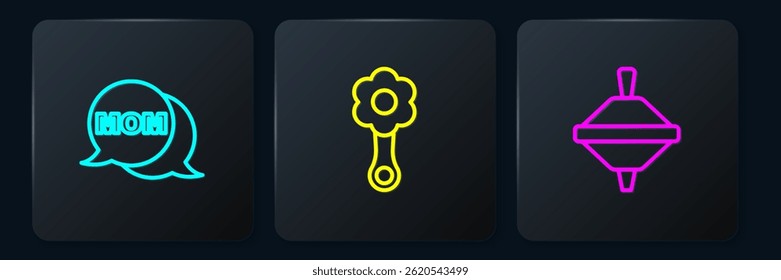 Set line Speech bubble mom, Whirligig toy and Rattle baby. Black square button. Vector