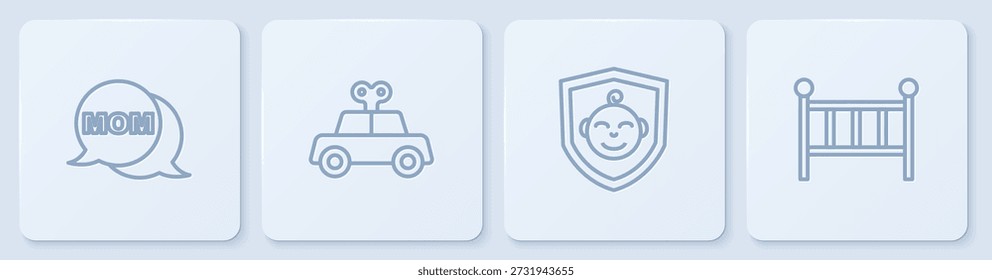 Definir linha Bolha de fala mãe, bebê em escudo, Carro de brinquedo e berço berço cama. Botão quadrado branco. Vetor