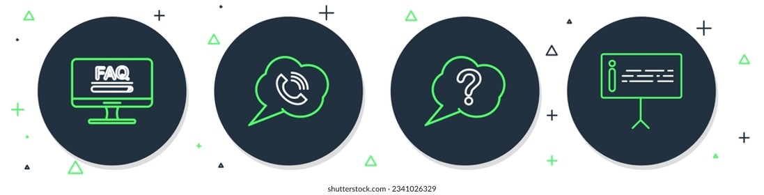 Set line Speech bubble with phone call, Question, Monitor FAQ information and Information icon. Vector