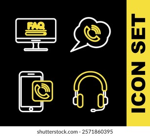 Set line Speech bubble with phone call, Headphones, Mobile and Monitor FAQ information icon. Vector