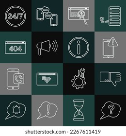 Set line Speech bubble Question, Dislike, Mobile with exclamation mark, System bug concept, Megaphone, Page 404 error, Clock 24 hours and Information icon. Vector