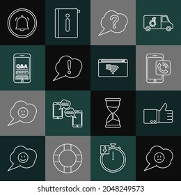 Set line Speech bubble with sad smile, Hand thumb up, Mobile phone call, Question, Exclamation, Button chat notification and No Internet connection icon. Vector