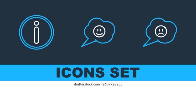 Set line Speech bubble with sad smile, Information and face icon. Vector
