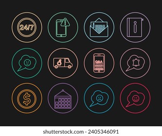 Set line Speech bubble with smile face, chat notification, Envelope, Car service, angry, Clock 24 hours, Mobile Question and Exclamation and exclamation mark icon. Vector
