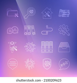Establecer la burbuja de voz de línea con ronquido, documentos de cajón, llave y engranaje, servicio de la casa, carpetas de la oficina, respuesta de preguntas, carpeta e icono de ubicación de ruta. Vector
